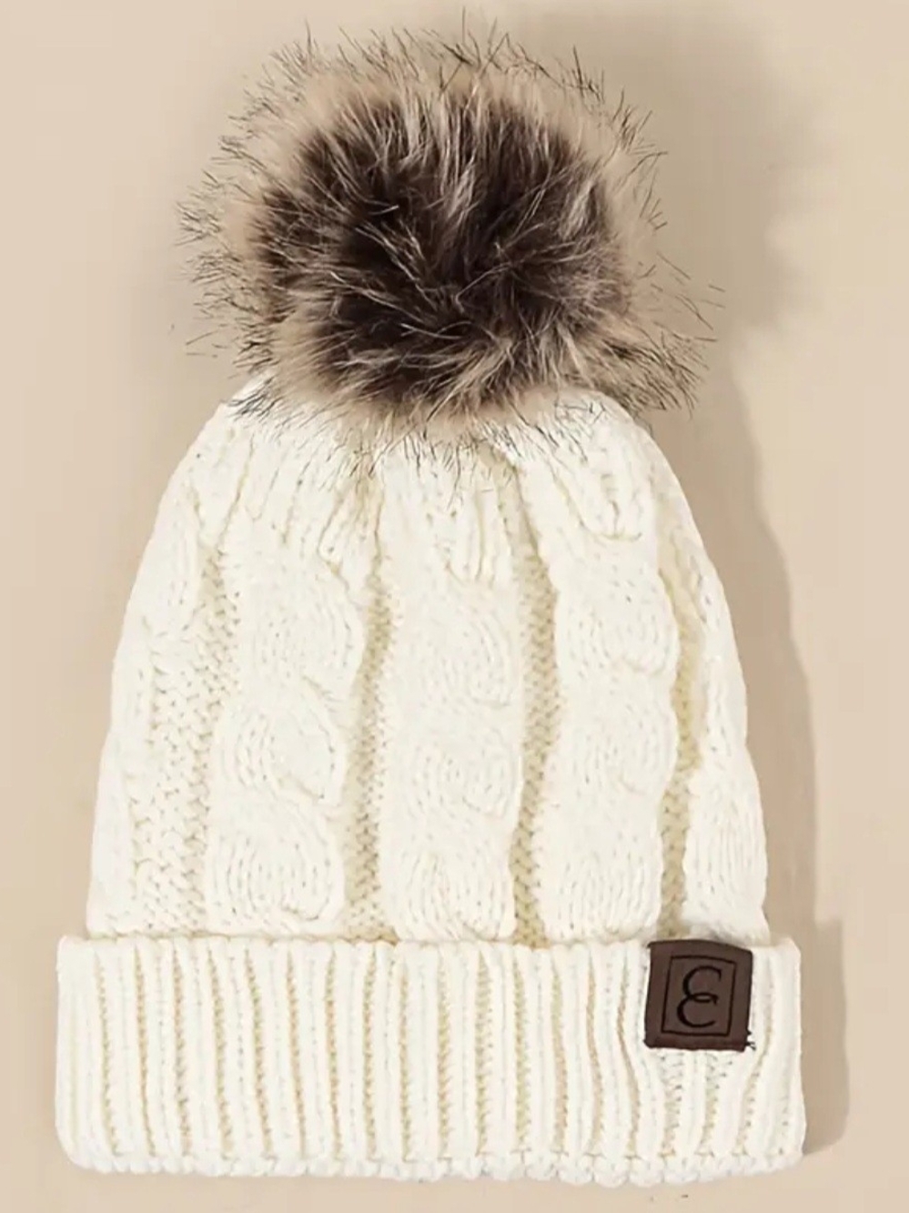 Cream Cable Knit Pom Beanie with Faux Fur Pom